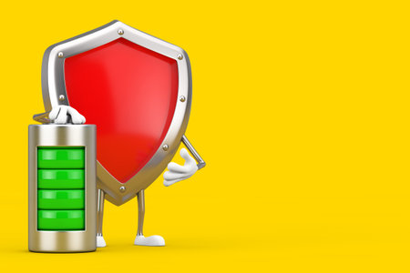 Red Metal Protection Shield Character Mascot with Abstract Charging Battery on a yellow background. 3d Renderingの写真素材