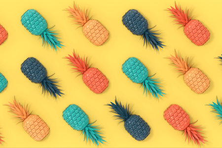 Multicolour Fresh Ripe Tropical Healthy Nutrition Pineapple Fruits Background Texture on a yellow...