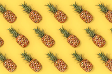 Fresh Ripe Tropical Healthy Nutrition Pineapple Fruits Background Texture on a yellow backdrop. 3d Renderingの写真素材