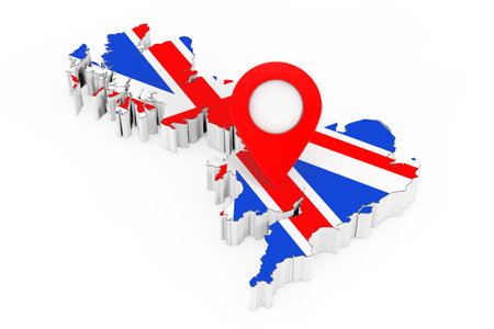 Red Map Pointer Pin over United Kingdom Map with Flag on a white background. 3d Renderingの写真素材