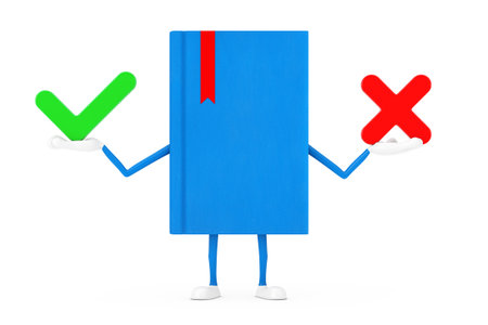 Blue Book Character Mascot with Red Cross and Green Check Mark, Confirm or Deny, Yes or No Icon Sign on a white background. 3d Renderingの写真素材