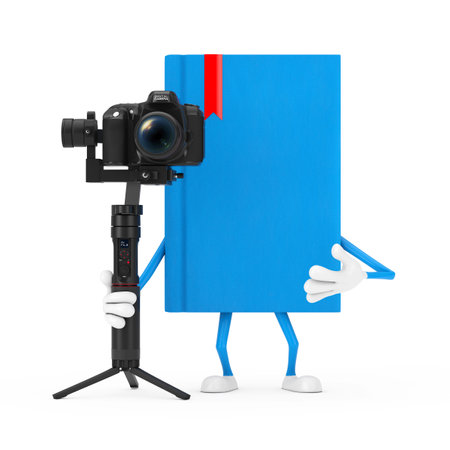 Blue Book Character Mascot with DSLR or Video Camera Gimbal Stabilization Tripod System on a white background. 3d Renderingの写真素材