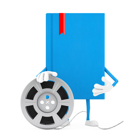 Blue Book Character Mascot with Film Reel Cinema Tape on a white background. 3d Renderingの写真素材