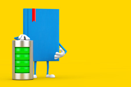 Blue Book Character Mascot with Abstract Charging Battery on a yellow background. 3d Renderingの写真素材