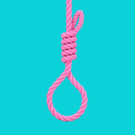Pink Gallows Hanging Noose Rope Tied Knot in Duotone Style on a blue background. 3d Renderingの写真素材