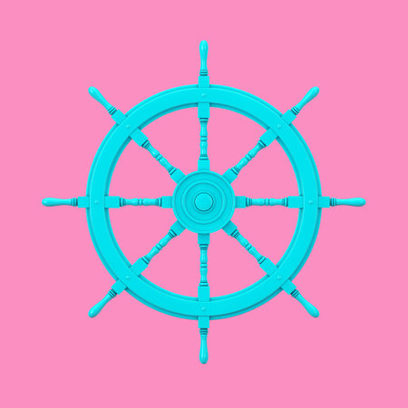 Vintage Blue Ship Steering Wheel as Duotone Style on a pink background. 3d Renderingの写真素材