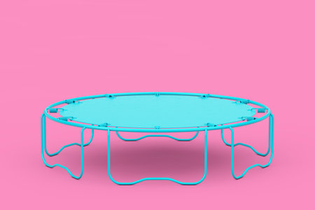 Blue Children's and Adult Round Sports Fitness Trampoline in Duotone Style on a pink background. 3d Renderingの写真素材