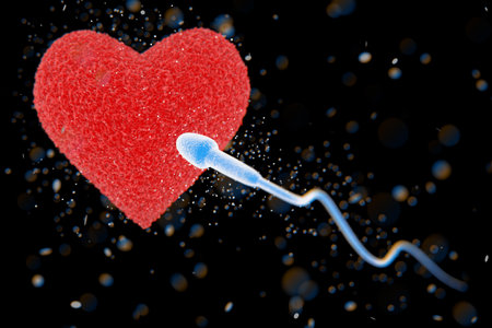 Spermatozoon going to the Ovule in Shape of Red Heart extreme closeup. 3d Renderingの写真素材