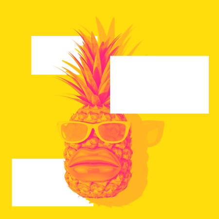 Fresh Ripe Tropical Healthy Nutrition Pineapple Fruit with Big Lips and Sunglasses in Duotone Style...