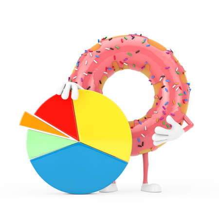 Big Strawberry Pink Glazed Donut Character Mascot with Info Graphics Business Pie Chart on a white background. 3d Renderingの写真素材