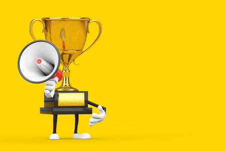Golden Award Winner Trophy Mascot Person Character with Red Retro Megaphone on a yellow background. 3d Renderingの写真素材
