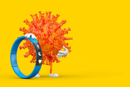 Cartoon Coronavirus COVID-19 Virus Mascot Person Character with Blue Fitness Tracker on a yellow...
