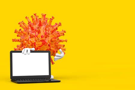 Cartoon Coronavirus COVID-19 Virus Mascot Person Character with Modern Laptop Computer Notebook and...