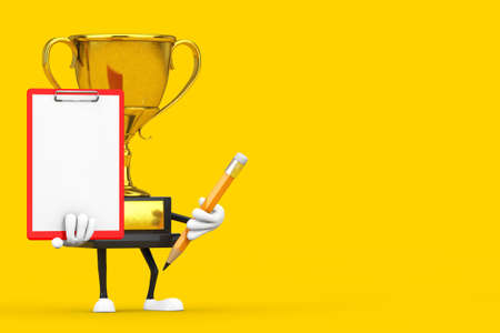 Golden Award Winner Trophy Mascot Person Character with Red Plastic Clipboard, Paper and Pencil on a...