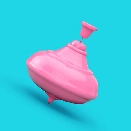 Pink Toy Spinning Top Whirligig as Duotone Style on a blue background. 3d Renderingの写真素材