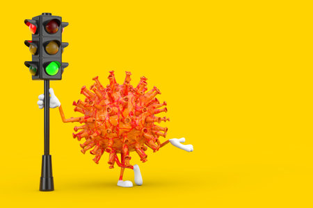 Cartoon Coronavirus COVID-19 Virus Mascot Person Character with Traffic Green Light on a yellow background. 3d Renderingの写真素材