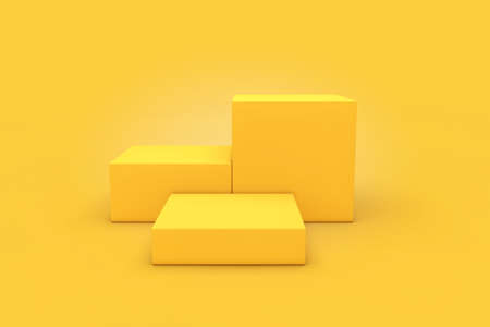 Yellow Cubes Products Stage Pedestal on a yellow background. 3d Renderingの写真素材