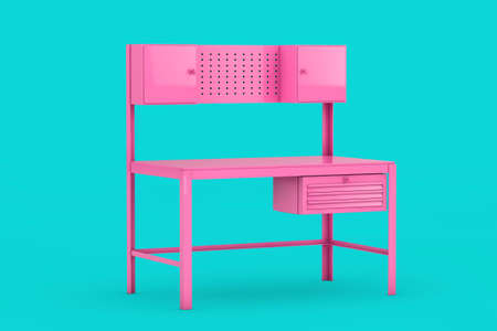 Pink Metal Work Bench in Duotone Style on a blue background. 3d Renderingの写真素材