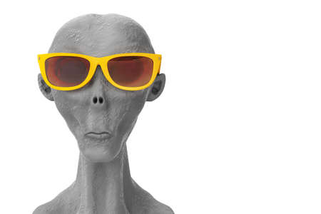 Portrait of a Gray Alien in Yellow Summer Sunglasses on a white background. 3d Renderingの写真素材
