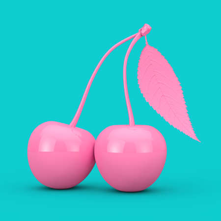 Fresh Pink Cherry Fruit with Leaf in Duotone Style on a blue background. 3d Renderingの写真素材
