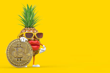 Fun Cartoon Fashion Hipster Cut Pineapple Person Character Mascot with Digital and Cryptocurrency...