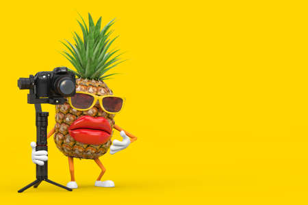 Fun Cartoon Fashion Hipster Cut Pineapple Person Character Mascot with DSLR or Video Camera Gimbal Stabilization Tripod System on a yellow background. 3d Renderingの写真素材