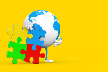Earth Globe Person Character Mascot with Four Pieces of Colorful Jigsaw Puzzle on a yellow...