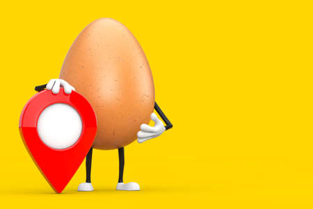 Brown Chicken Egg Person Character Mascot with Red Map Pointer Target Pin on a yellow background. 3d Renderingの写真素材