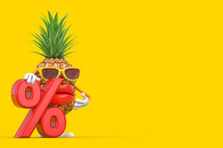 Fun Cartoon Fashion Hipster Cut Pineapple Person Character Mascot with Red Retail Percent Sale or Discount Sign on a yellow background. 3d Renderingの写真素材