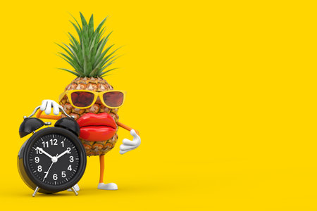 Fun Cartoon Fashion Hipster Cut Pineapple Person Character Mascot with with Alarm Clock on a yellow background. 3d Renderingの写真素材