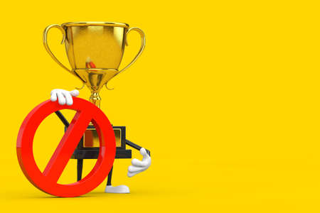 Golden Award Winner Trophy Person Character Mascot with Red Prohibition or Forbidden Sign on a yellow background. 3d Renderingの写真素材