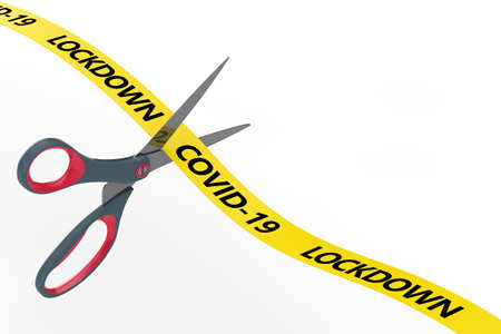 The End of Lockdown Concept. Scissors Cut Yellow Ribbon with COVID-19 Lockdown Sign on a white...