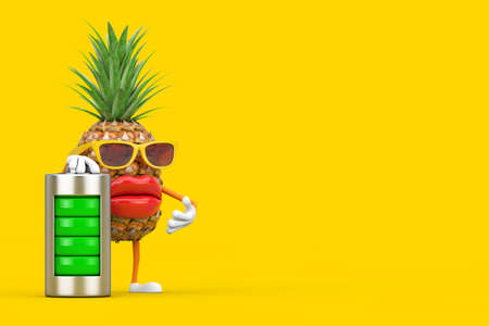 Fun Cartoon Fashion Hipster Cut Pineapple Person Character Mascot with Abstract Charging Battery on a yellow background. 3d Renderingの写真素材