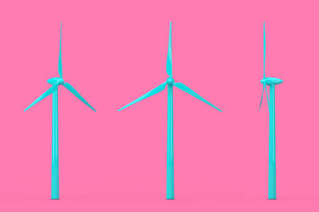 Blue Wind Turbine Windmill in Duotone Style on a pink background. 3d Rendering