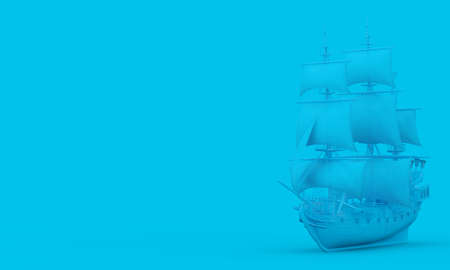 Blue Wooden Vintage Tall Sailing Ship, Caravel, Pirate Ship or Warship on a blue background. 3d...