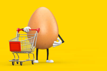 Brown Chicken Egg Person Character Mascot with Shopping Cart Trolley on a yellow background. 3d Renderingの写真素材