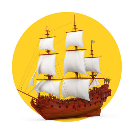 Red Wooden Vintage Tall Sailing Ship, Caravel, Pirate Ship or Warship on a white and yellow...