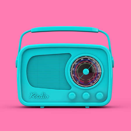 Blue Vintage Radio in Duotone Style on a pink background. 3d Renderingの写真素材