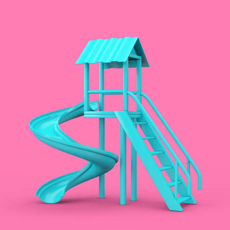 Blue Outdoor Children Slide in Duotone Style on a pink background. 3d renderingの写真素材