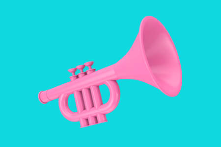 Pink Toy Child's Trumpet in Duotone Style on a blue background. 3d renderingの写真素材
