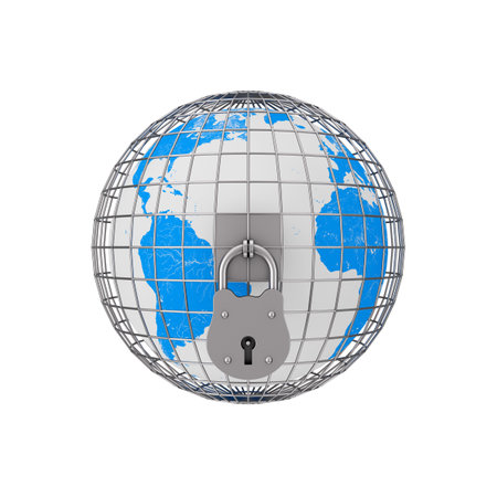 Earth Globe in Metal Cage with Big Old Padlock on a white background. 3d Renderingの写真素材