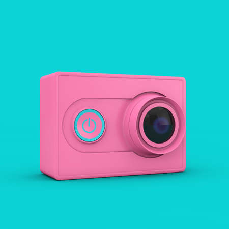 Small Ultra HD Pink Action Camera in Duotone Style on a blue background. 3d Rendering