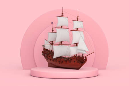 Red Wooden Vintage Tall Sailing Ship, Caravel, Pirate Ship or Warship over Pink Cylinders Products Stage Pedestal on a pink background. 3d Renderingの写真素材