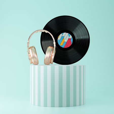Black Vinyl Record with Golden Headphones over Stripped Presentation Pedestal on a blue background....