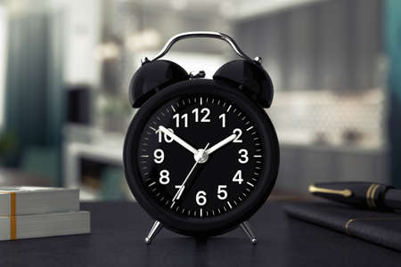 Black Luxury Classic Analog Alarm Clock on a Table extreme closeup. 3d Rendering