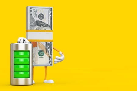 Stack of One Hundred Dollar Bills Person Character Mascot with Abstract Charging Battery on a yellow background. 3d Renderingの写真素材