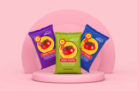 Dog Food Bag Packages Design over Pink Cylinders Products Stage Pedestal on a pink background. 3d...