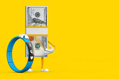 Stack of One Hundred Dollar Bills Person Character Mascot with Blue Fitness Tracker on a yellow...