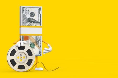 Stack of One Hundred Dollar Bills Person Character Mascot with Film Reel Cinema Tape on a yellow background. 3d Renderingの写真素材