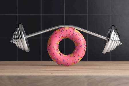 Fitness and Diet Concept. Curved Barbell or Dumbbells for Weightlifting over Big Strawberry Pink Glazed Donut on a wooden table. 3d Renderingの写真素材